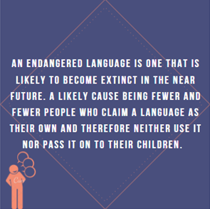 Purple background. White text at center of the graphic reads: “An endangered language is one that is likely to become extinct in the near future. A likely cause being fewer and fewer people who claim a language as their own and therefore neither use it nor pass it on to their children.” At the bottom of the image is a salmon pink body speaking with three dialogue bubbles to the right of the body’s mouth.