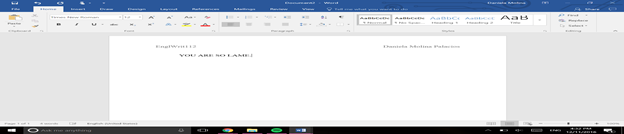 Same screen, with the words: “EnglWrit112” on the top left, “Daniela Molina Palacios” on the top right, and “You are so lame” in the body.
