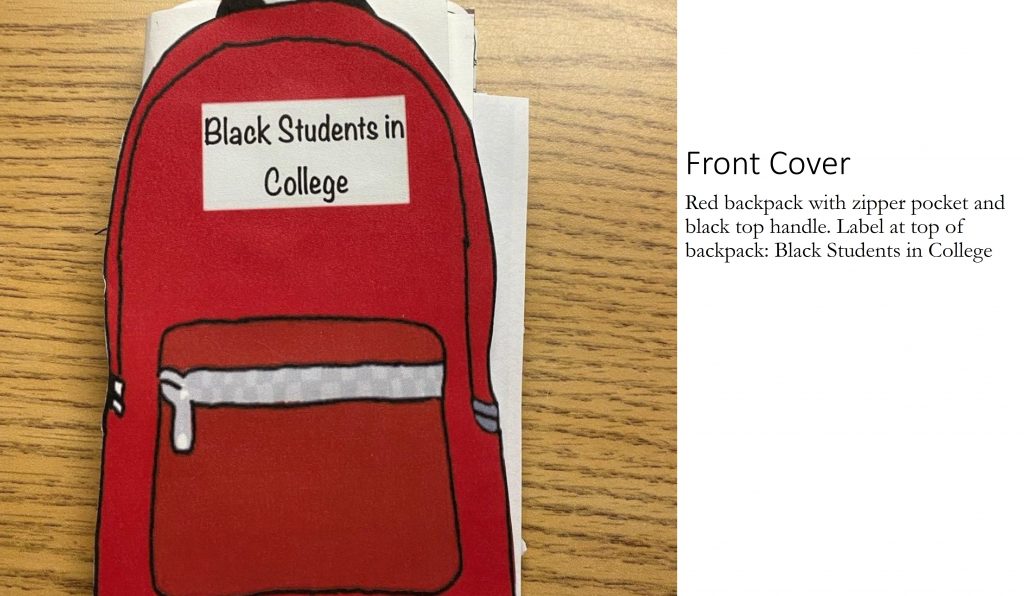 Red backpack with zipper pocket and black top handle. Label at top of backpack: Black Students in College