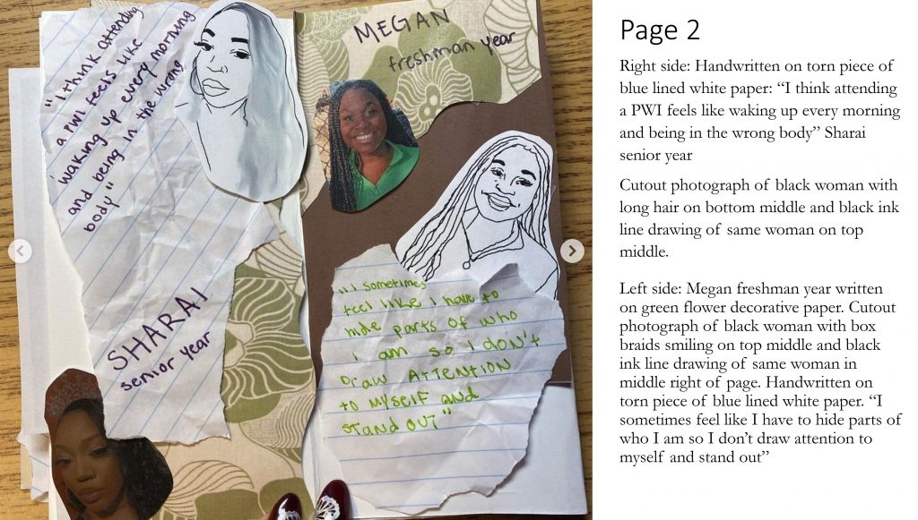Right side: Handwritten on torn piece of blue lined white paper: “I think attending a PWI feels like waking up every morning and being in the wrong body” Sharai senior year Cutout photograph of black woman with long hair on bottom middle and black ink line drawing of same woman on top middle. Left side: Megan freshman year written on green flower decorative paper. Cutout photograph of black woman with box braids smiling on top middle and black ink line drawing of same woman in middle right of page. Handwritten on torn piece of blue lined white paper. “I sometimes feel like I have to hide parts of who I am so I don’t draw attention to myself and stand out”