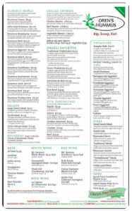 A menu for Oren’s Hummus with three columns containing various menu items.