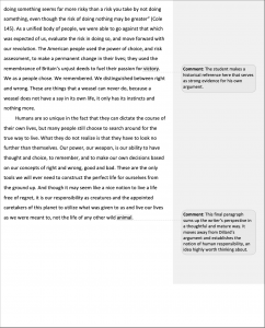 Image of the fifth page of a student essay with comments from the instructor