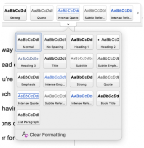 A screenshot of a drop-down menu in Microsoft Word that displays various navigation styles. “Title,” “Heading 1,” and “Heading 3” are some of the examples listed.