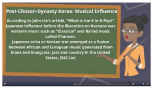 A screen shot of a student’s video that features an animation of a teacher standing at a chalkboard. On the chalkboard, there is text explaining the musical influences on Post-Choson-Dynasty Korea.