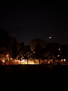 Overexposed image of a building behind several trees at night. The light from the building glows yellow while the trees are silhouetted.