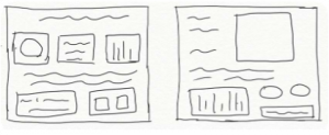 A drawn example of a two-page layout for an article, which shows several graphs on the left interspersed with text, while the right page shows a larger graph with text and a few smaller images below.