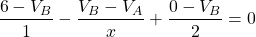 \begin{equation*}   \frac{6-V_{B}}{1} -\frac{V_{B}-V_{A}}{x}}+\frac{0-V_{B}}{2}=0 \end{equation*}