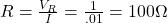 R = \frac{V_{R}}{I} = \frac{1}{.01} = 100\Omega