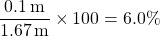 \[ \frac{0.1 \, \mathrm{m}}{1.67 \, \mathrm{m}} \times 100 = 6.0 \% \]