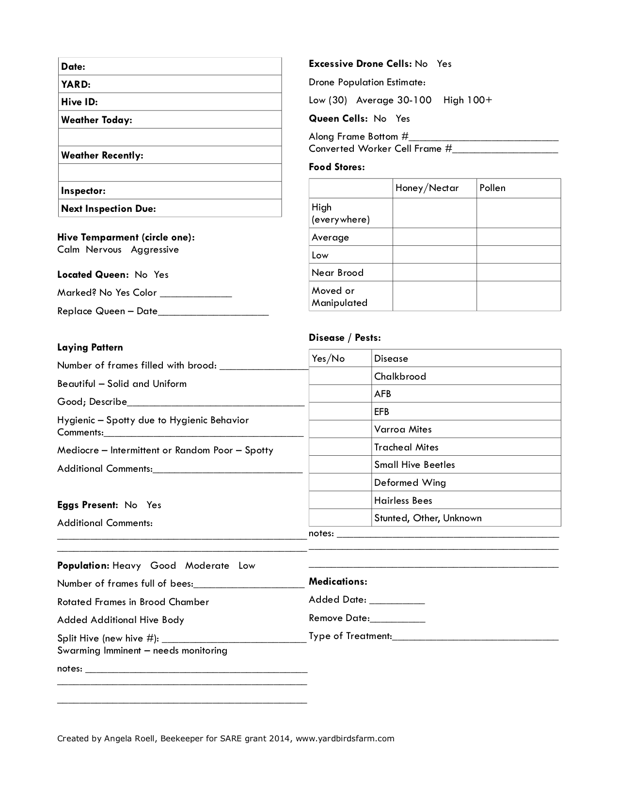Page 1 of hive inspection sheet includes several fields to complete including date, hive ID, weather, hive temperament, laying pattern, eggs present, population, drone cells, food stores, disease/pests, and medications.