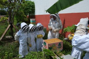 Danielle Bender stands over a colorfully painted beehive with a children's group outdoors