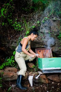 Jasmine Joy in beige overalls leans over an open beehive with bee smoker at feet