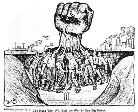 A black and white cartoon of a crowd of workers with their fists in the air against a backdrop of factories in the distance. All of their fists form one collective, large fist to illustrate the power of workers when they rise us together.