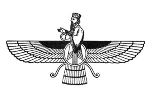 A black-and-white profile view of a winged man that serves as a religious icon to the first Iranian religion, Zoroastrianism.