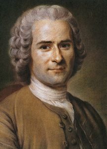 Portrait of Jean-Jacques Rousseau from the profilings to torso. Rousseau is slightly smiling and seemingly looking at the viewer. The color palette is simple, using neutral tones and depicting Rousseau in front of a dark, shadowing background.