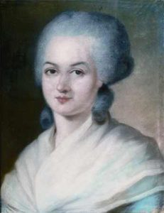 Painted portrait of Olympe de Gouges from head to chest starting at viewer. De Gouge is wrapped in a shawl and is against a plain background.