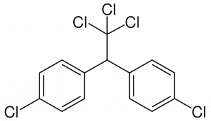Chemical structure of DDT on a background of grey and white checkers
