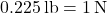 \[0.225 \, \mathrm{lb} = 1 \, \mathrm{N}\]