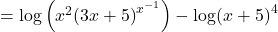 =\mathrm{log}\left({x}^{2}{\left(3x+5\right)}^{{x}^{-1}}\right)-\mathrm{log}{\left(x+5\right)}^{4}