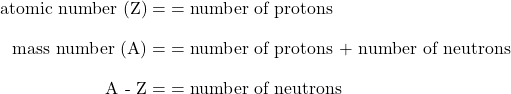  \begin{array}{r @ {{}={}} l} \text{atomic number (Z)} & = \text{number of protons} \\[1em] \text{mass number (A)} & = \text{number of protons + number of neutrons} \\[1em] \text{A - Z} & = \text{number of neutrons} \end{array}