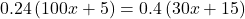 0.24\left(100x+5\right)=0.4\left(30x+15\right)