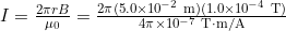 I = \frac{2 \pi r B}{\mu_{0}} = \frac{2 \pi (5.0 \times 10^{-2} \text{ m})(1.0 \times 10^{-4}\text{ T})}{4 \pi \times 10^{-7} \text{ T} \cdot \text{m/A}}