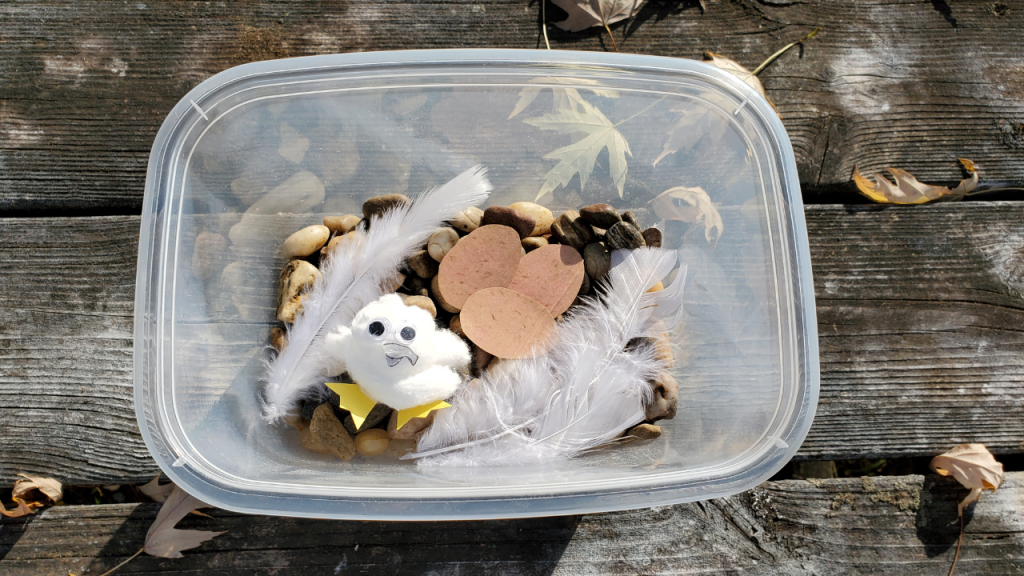 Small plastic bin holding rocks, white feathers, cutouts of pink/brown peregrine falcon eggs, and a cotton ball with google eyes, beak, and feet.